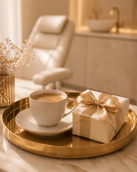 Café e detalhes de acolhimento no SPA da Face, referência da consulta inicial