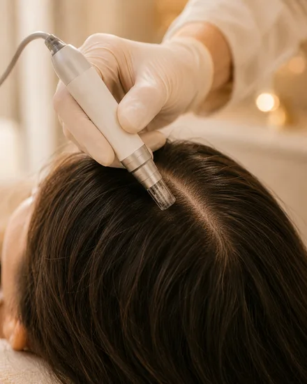 Repartição do cabelo mostrando o couro cabeludo, referência do microagulhamento capilar