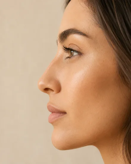 Perfil de rosto em close, referência da rinomodelação